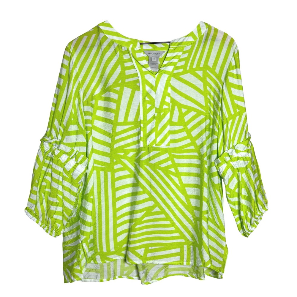 Multiples Womens Popover‎ Blouse PL Green Geometric Sheen Office Vacation
